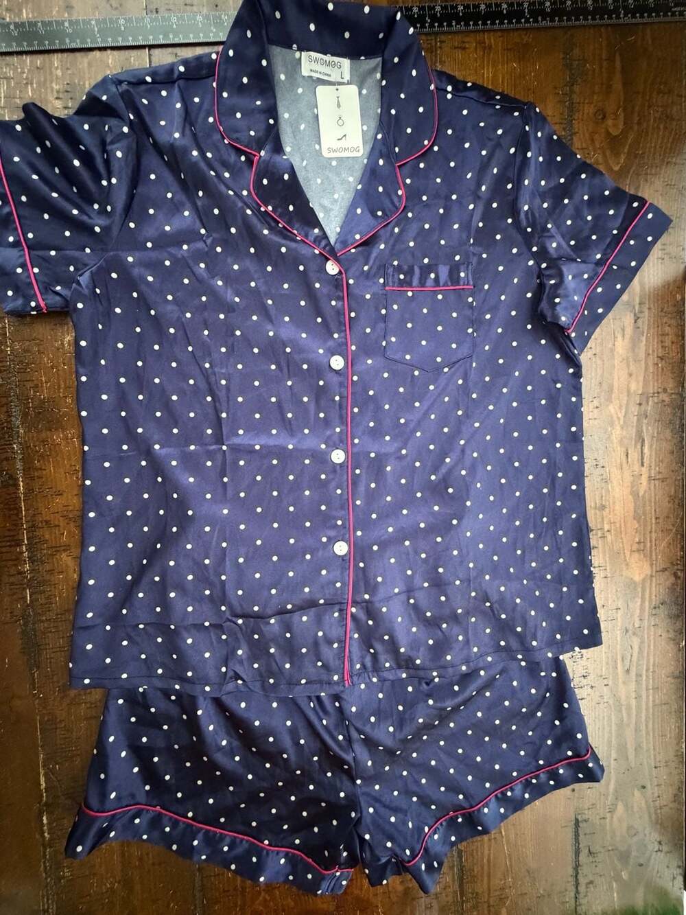 SWOMOG Women's Silk Satin Pajamas Set Polka Dot Short Sleeve Sleepwear Size L